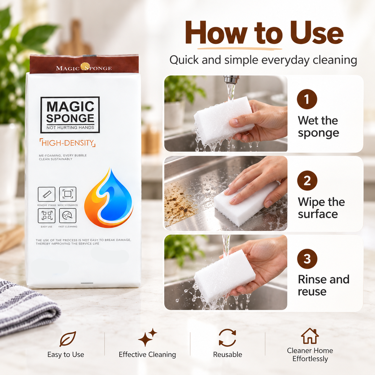 Chemical-Free Magic Eraser Sponge | Just Add Water for Tough Stains